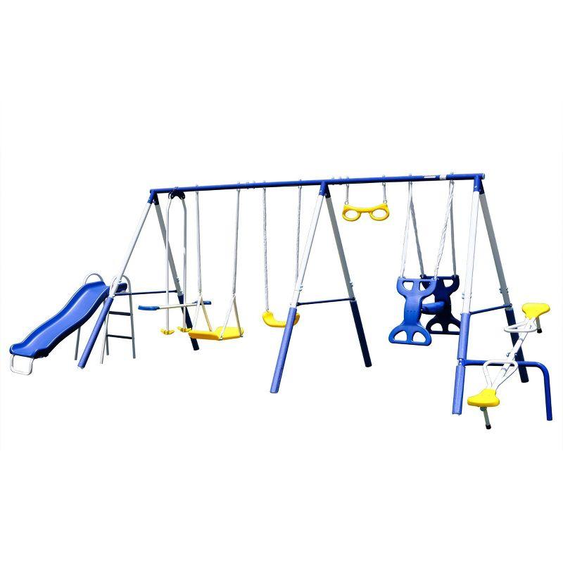 Sportspower Super 9 Metal Swing Set With Teeter Totter, 2 Person Glide Ride Swing,  Standing Swing, 2 Person Roman Glider Swing, Trapeze Bar, 1 Blow Molded Swing And 5' Slide With Lifetime Warranty, Bonus 4pc Anchor Kit Included