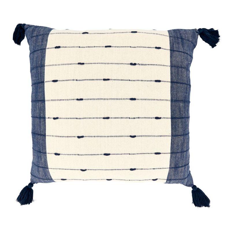 20" Square Blue and White Cotton Tassel Throw Pillow