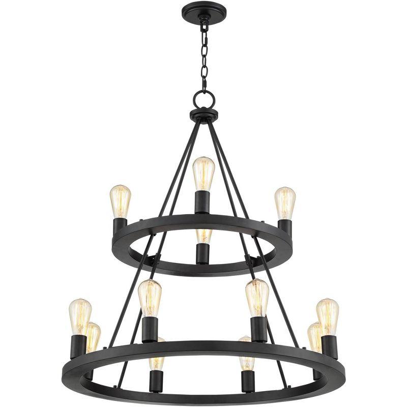 Franklin Iron Works Lacey Black Wagon Wheel Chandelier 29 1/4" Wide Industrial Rustic LED 2-Tier 12-Light Fixture for Dining Room Foyer Kitchen Island