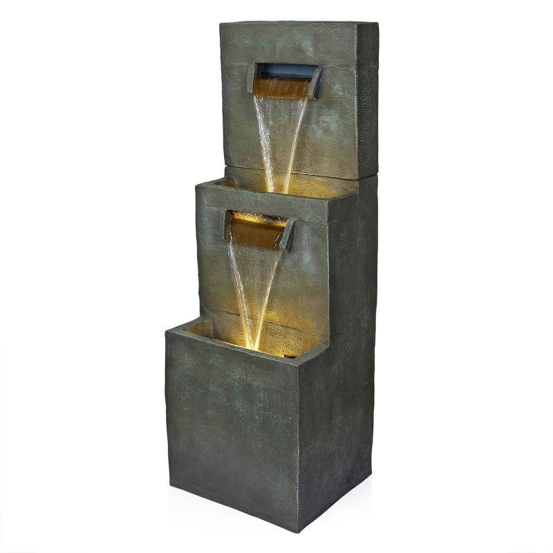 Alpine Corporation 40" Polyresin 2-Tier Modern Polystone Sculptural Fountain With Warm White LED Lights