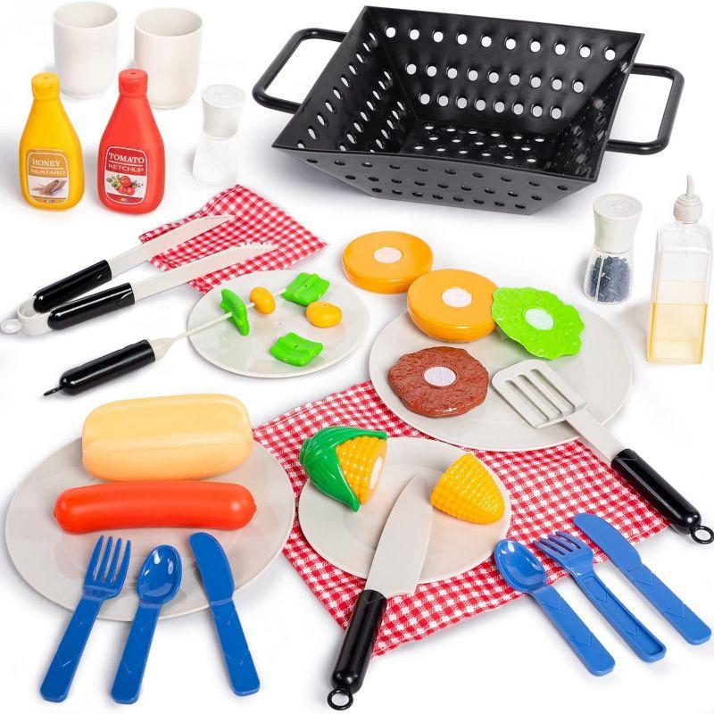 SYNCFUN 34Pcs Portable Charcoal Grill Toy Set Kitchen Toy Set, Toy BBQ Grill Set, Little Chef Play, Kids Grill Playset ,Birthday Gift for Boys Girls