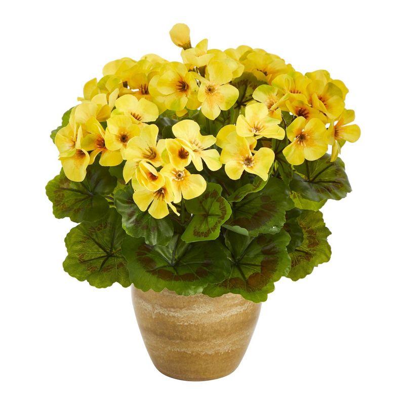 Nearly Natural 11-in Geranium Artificial Plant in Ceramic Planter UV Resistant (Indoor/Outdoor), Yellow