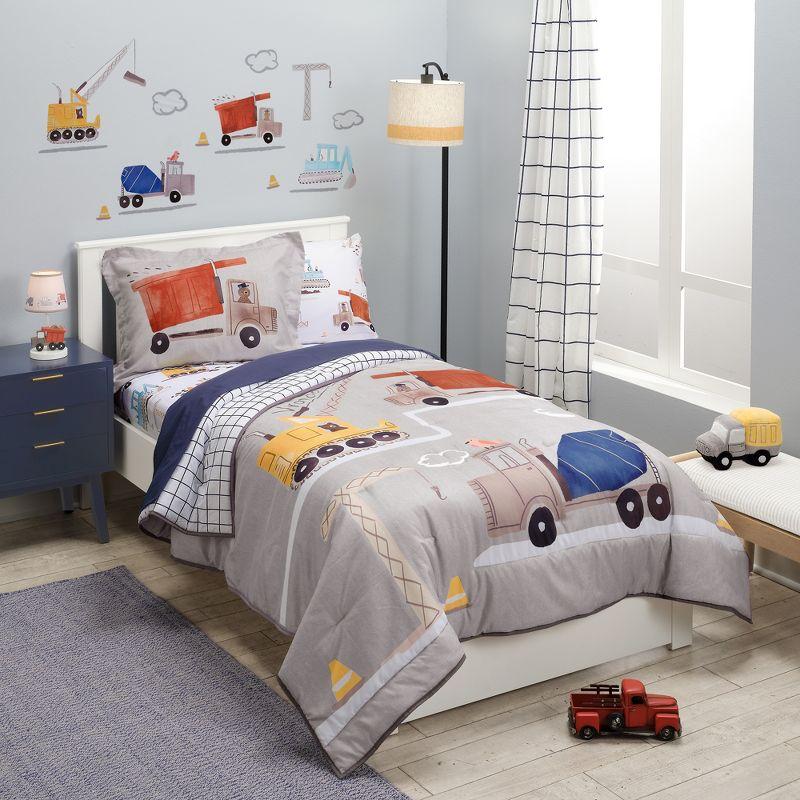 Blue Construction Vehicles Twin Microfiber Quilt Set