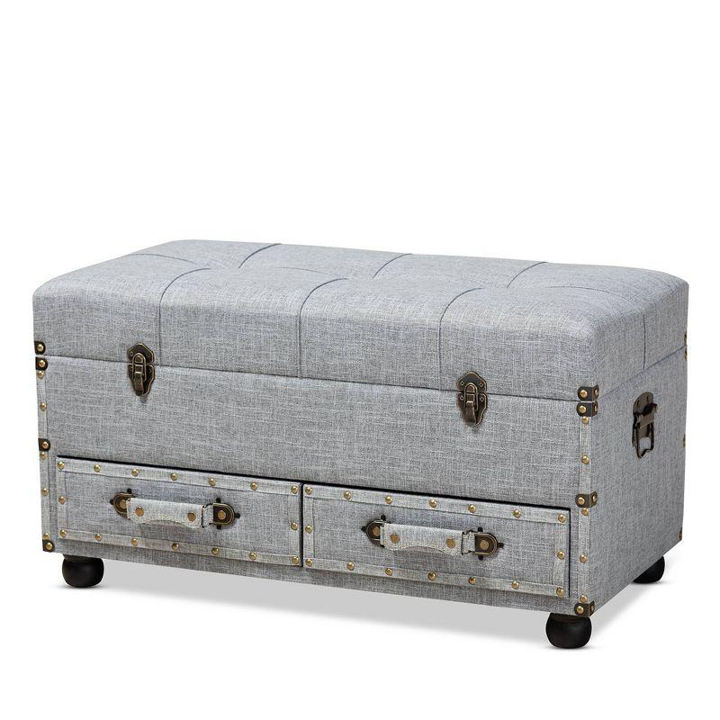Grey Linen 32" Tufted Storage Ottoman with Antique Brass Accents