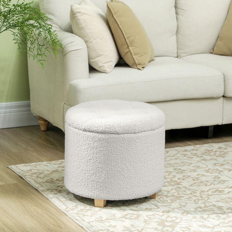 HOMCOM 18" Round Ottoman with Storage, Teddy Fleece Button Tufted Bedroom Stool with Removable Lid and Wood Legs for Living Room, Hallway, White