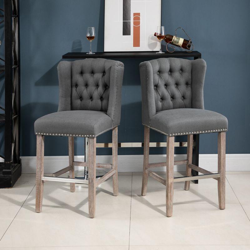 HOMCOM Counter Height Bar Stools Set of 2, Upholstered 26.75" Seat Height Barstools, Breakfast Chairs with Nailhead-Trim & Tufted Back, Wood Legs