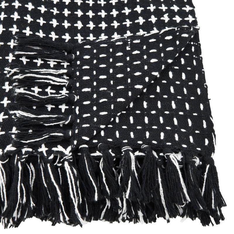 Black and White Cotton Cross Stitch Fringed Throw Blanket