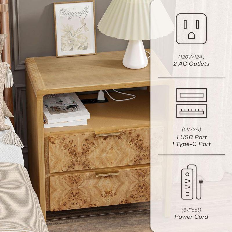 COZAYH Farmhouse 2 Drawer Home Bedroom Nightstand with Charging Station, Side Table with Power Outlet, USB and Type-C Ports, Burl Wood Finish, Natural