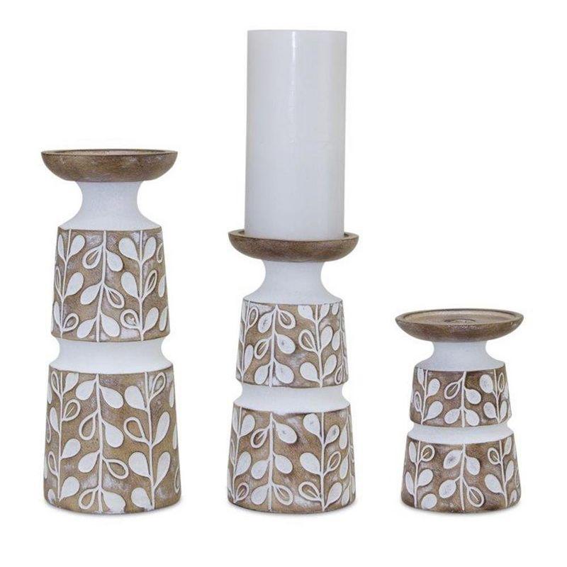 White-Washed Leaf Pattern Resin Candle Holder Set of 3