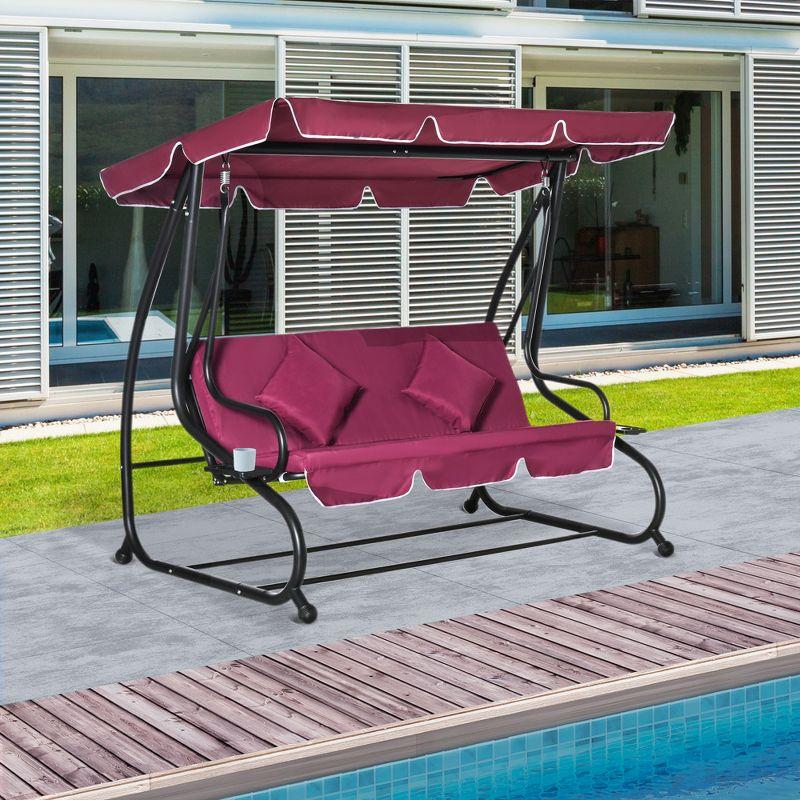 Outsunny 3 Seat Outdoor Free Standing Swing Bench Porch Swing with Stand, Comfortable Cushioned Fabric & Included Canopy, Red