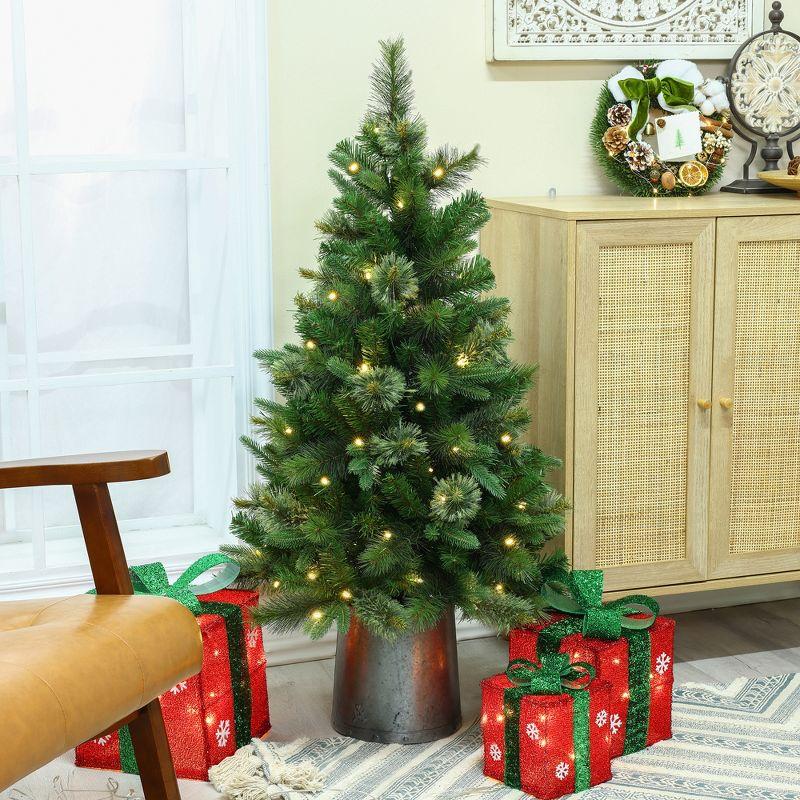 LuxenHome 4' Pre-Lit Artificial Christmas Pine Tree with Metal Pot Green