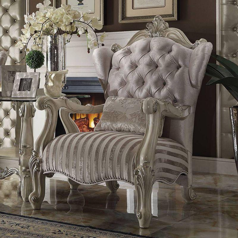 Elegant Crescent Bone White Velvet Accent Chair with Wood Accents