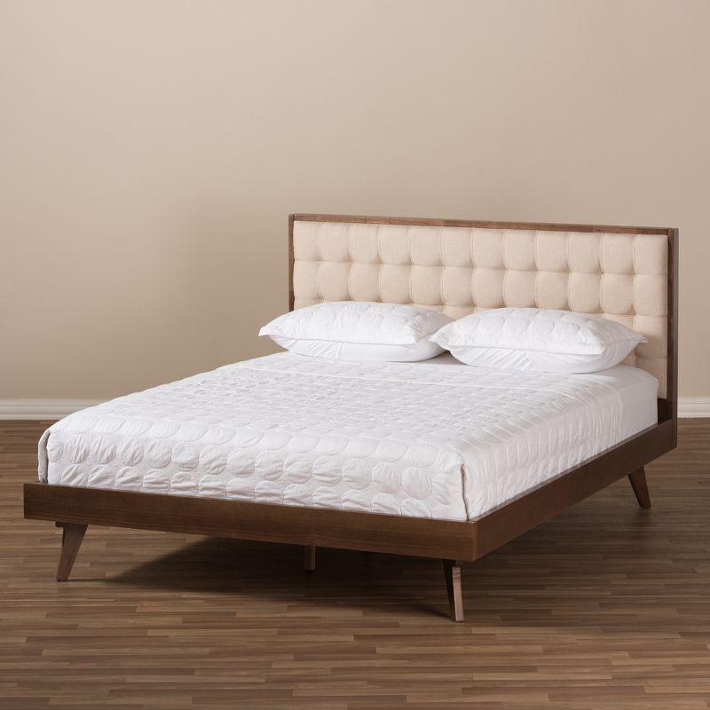 Soloman Mid - Century Modern Fabric and Walnut Finished Wood Platform Bed - Baxton Studio