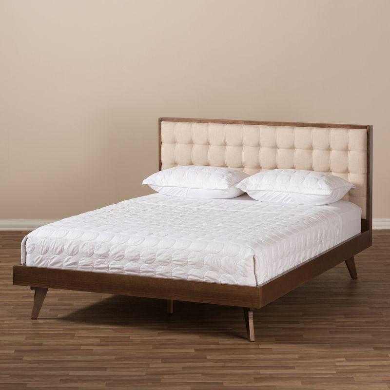 Soloman Mid-Century Modern Light Beige Linen & Walnut Wood Full Bed