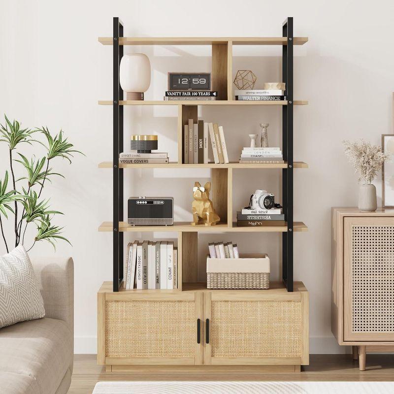 5 Tier Rattan Bookshelf with Storage Cabinet & Door, 71.1 Inch Tall Industrial Book Shelf,5 Shelf Bookcase with Metal Frame-Burlywood