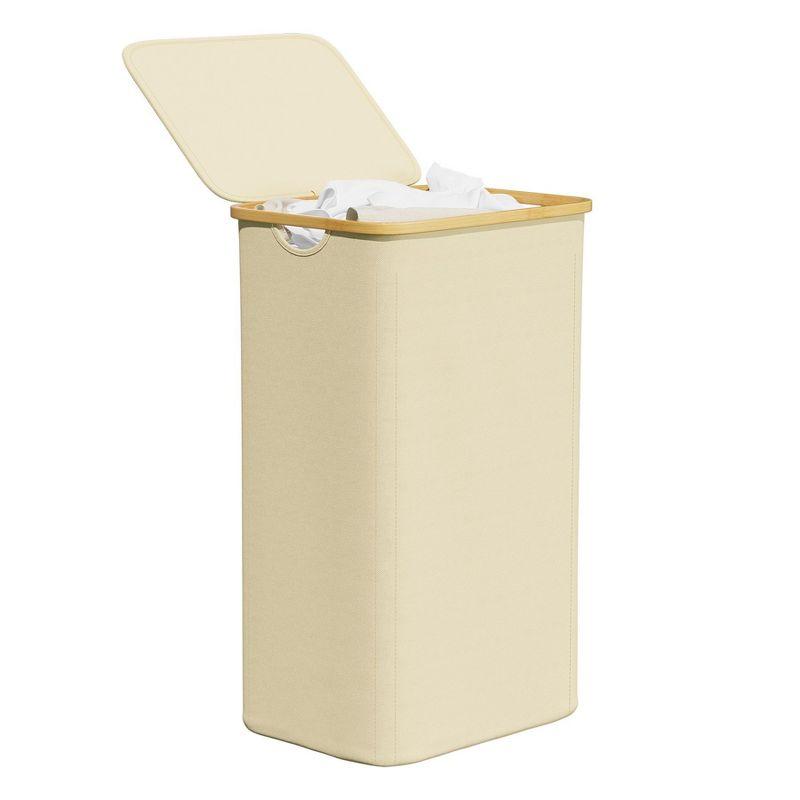 Beige Collapsible Upright Laundry Hamper with Bamboo Handles and Lid