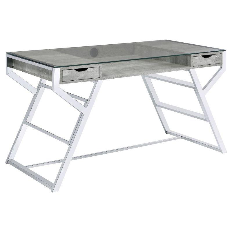 Gray Driftwood and Chrome Glass Top Writing Desk with 2 Drawers