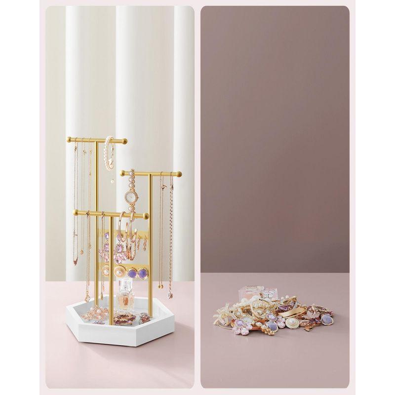 SONGMICS Jewelry Holder, Jewelry Organizer, 4 Independent Zones, Jewelry Display Stand with Metal Frame, Gold and White