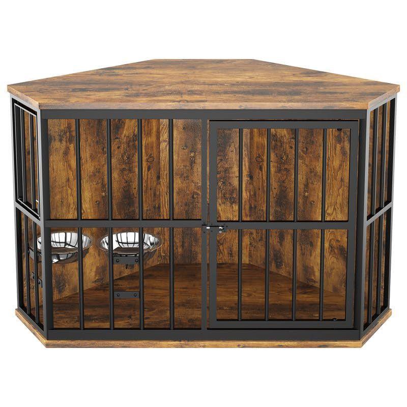 Brown Corner Wooden Dog Crate with Metal Frame and Bowls