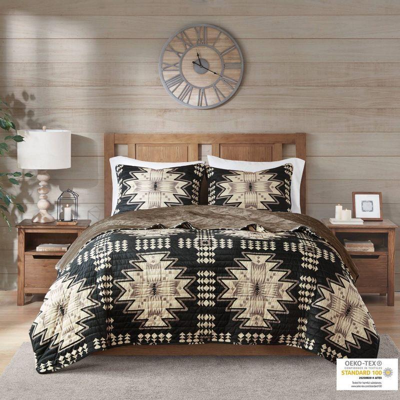 3pc Full/Queen Sierra Oversized Print Plush Coverlet Set Tan/Black: Woolrich Microplush Bedding Set with Shams