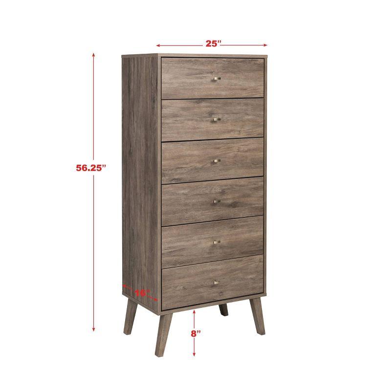 6 Drawer Milo Mid-Century Modern Tall Chest Drifted Gray - Prepac: Space-Saving Bedroom Storage
