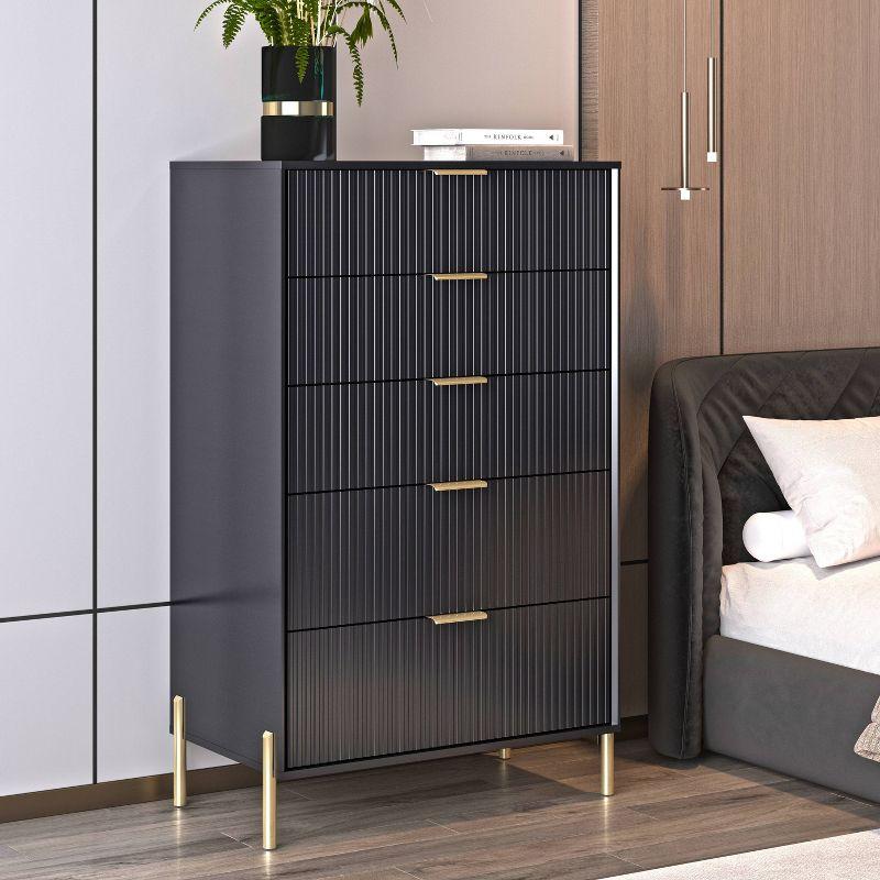 Black Vertical 5-Drawer Dresser Chest with Gold Handles