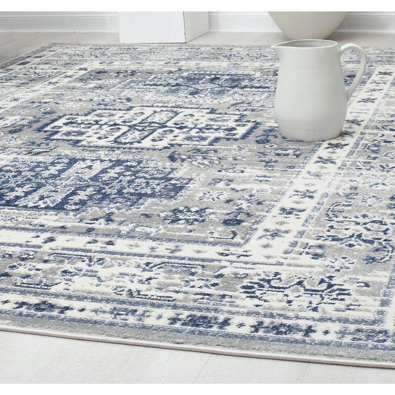 Gray and Navy Floral Synthetic Area Rug, 5'3" x 7'