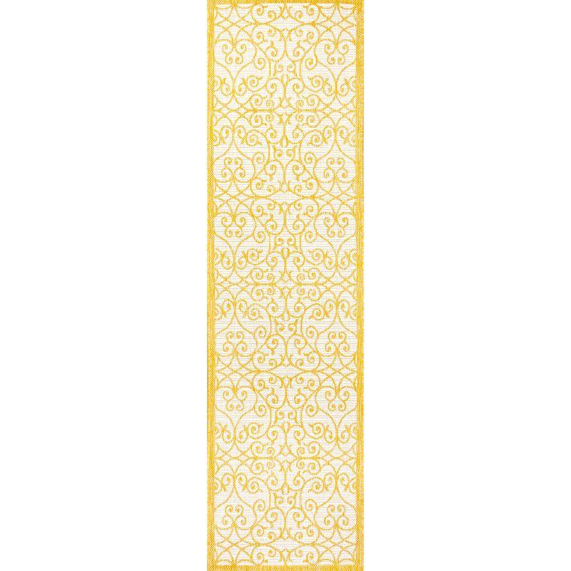 2' x 8' Madrid Vintage Filigree Textured Weave Indoor/Outdoor Runner Rug, Cream/Yellow - JONATHAN Y
