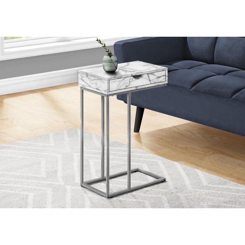 White Marble Look C-Shaped Metal End Table with Storage Drawer