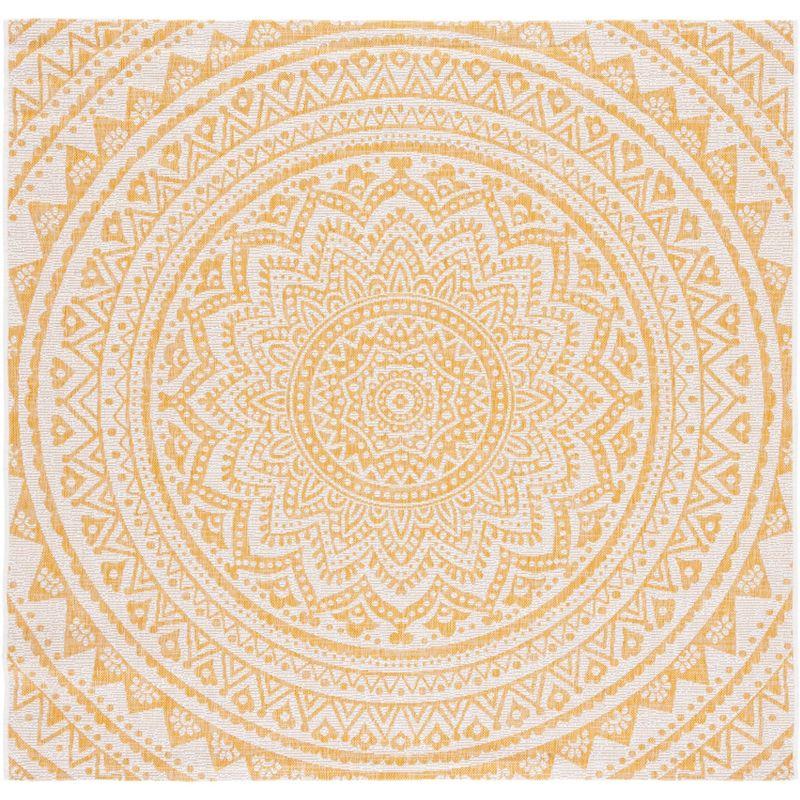 Ivory and Gold Square Synthetic Indoor/Outdoor Area Rug