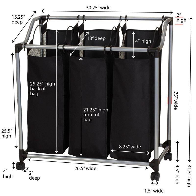 Household Essentials Triple Sorter Silver/Black: Rolling Clothes Hamper with Steel Frame & Sorter Bags