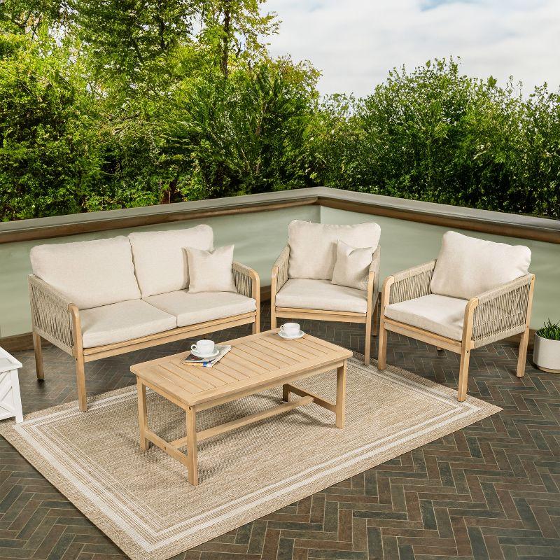 Tavira 4-Piece Modern Bohemian Acacia Wood Outdoor Patio Set with Cushions and Plain Decorative Pillows - JONATHAN Y