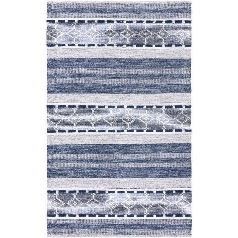 Ivory and Navy Handwoven Kilim Stripe Wool-Cotton Rug, 54"x16"