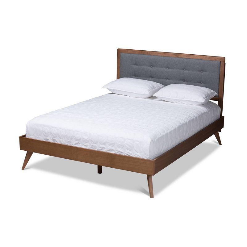 King Walnut Wood Platform Bed with Dark Gray Upholstered Headboard