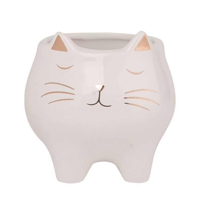 Transpac Ceramic 4" White Cat Planter with Gold Accents