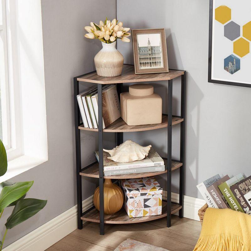 Brown 4-Tier Corner Metal and Wood Shelf