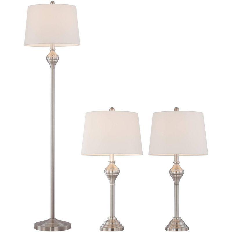 Barnes and Ivy Mason Traditional Table Floor Lamps 56" Tall Set of 3 Brushed Steel White Tapered Drum Shade for Bedroom Living Room Bedside Nightstand