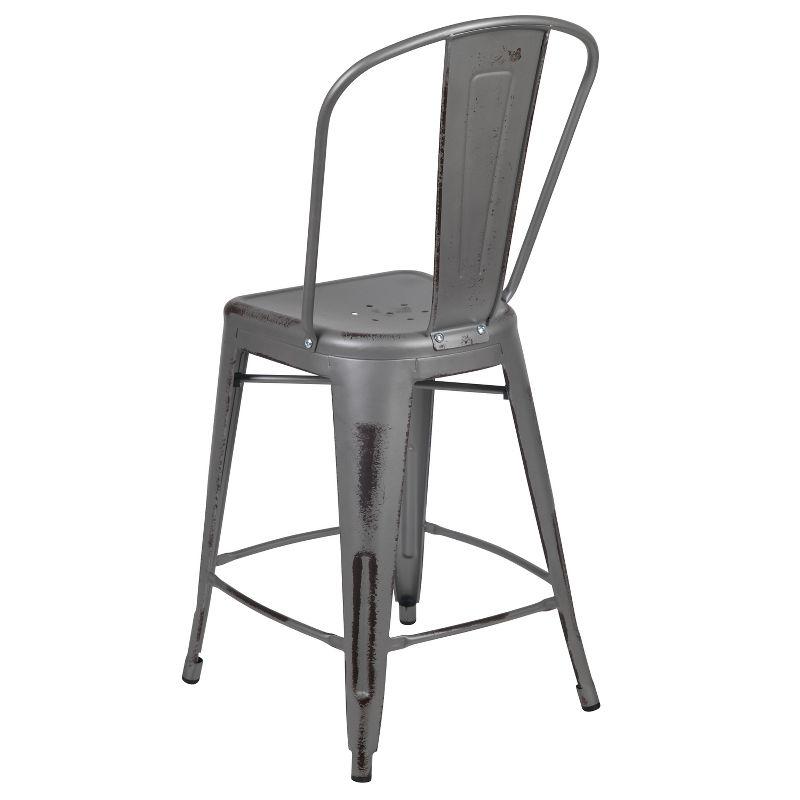 Flash Furniture Commercial Grade 24" High Distressed Silver Gray Metal Indoor-Outdoor Counter Height Stool with Back