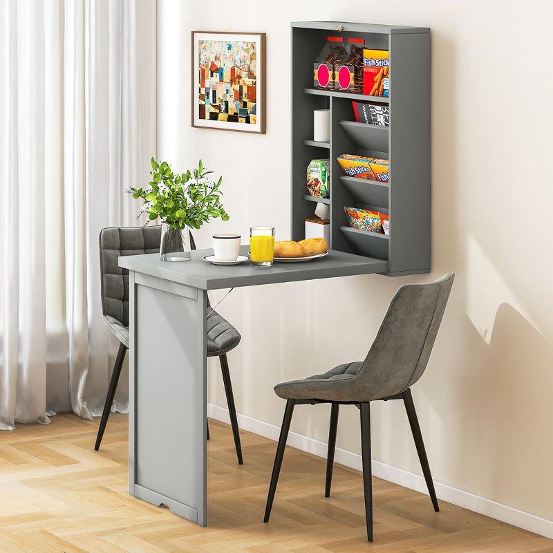 Costway Wall Mounted Computer Convertible Desk Floating Desk w/ Storage Bookcases Grey