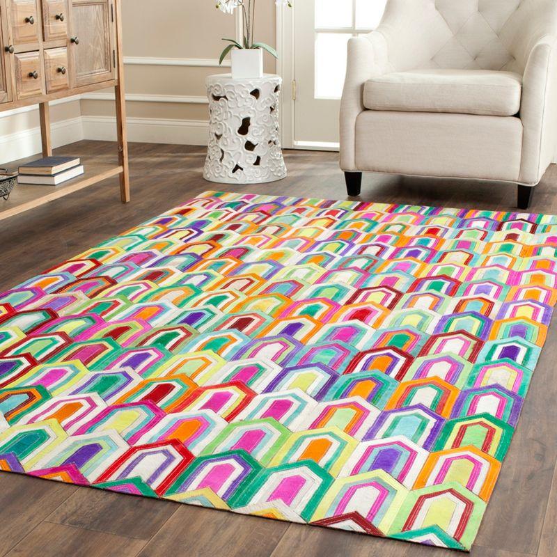 Ivory and Multi Geometric Handmade Cowhide Area Rug