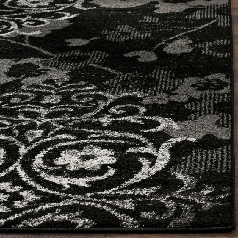 Black and Silver Floral Square Synthetic Area Rug