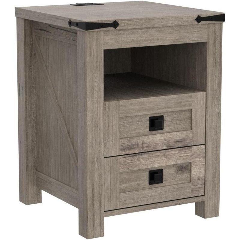 Farmhouse Nightstand wtih Charging Station, 18" End Table Side Table with 2 Drawers for Bedroom, Living Room, Gray