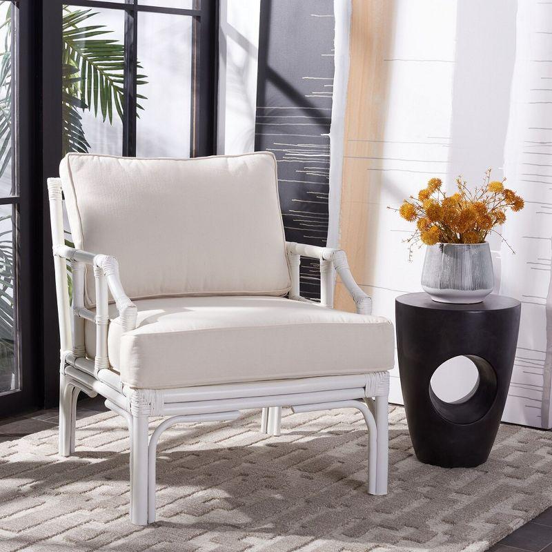 Chinoiserie-Chic White Rattan Accent Chair with Plush Cushion