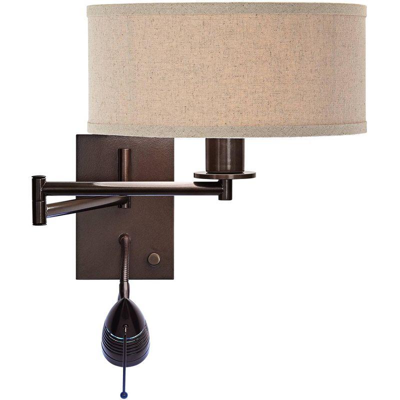Possini Euro Design Radix Modern Swing Arm Wall Lamp Bronze with Cord Cover LED Reading Light Plug-in Light Fixture Oatmeal Shade for Bedroom Bedside