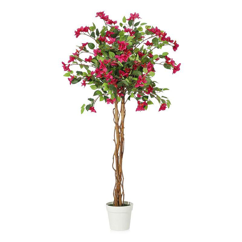 5ft Artificial Bougainvillea Tree with Flowers, Realistic Faux Plants in Pot, Unique Dual-Trunk Design,Artificial Plants for Room Office Home Decor