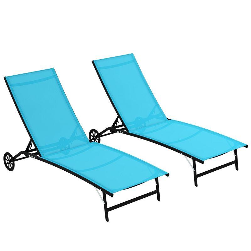 Outsunny Patio Chaise Lounge Chair Set of 2, 2 Piece Outdoor Recliner with Wheels, 5 Level Adjustable Backrest for Garden, Deck & Poolside