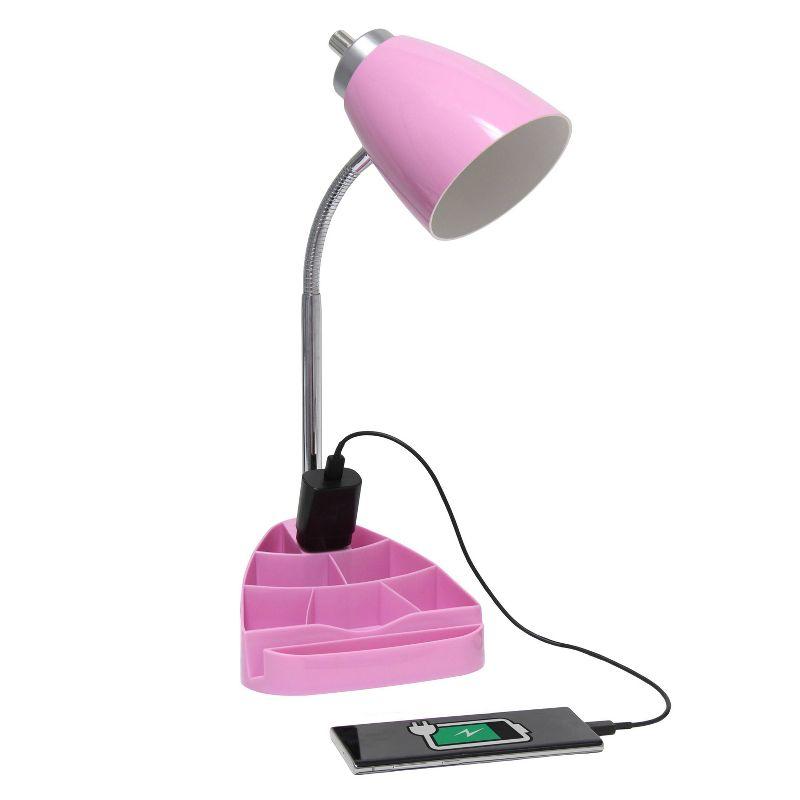 Creekwood Home Sleek Essentials 18.5" Flexible Desk Lamp with Charging Outlet and Storage Pink