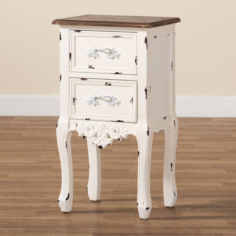 Levron Two-Tone and Antique Wood 2 Drawer Nightstand Walnut Brown/Antique White - Baxton Studio: Bedside Storage Table