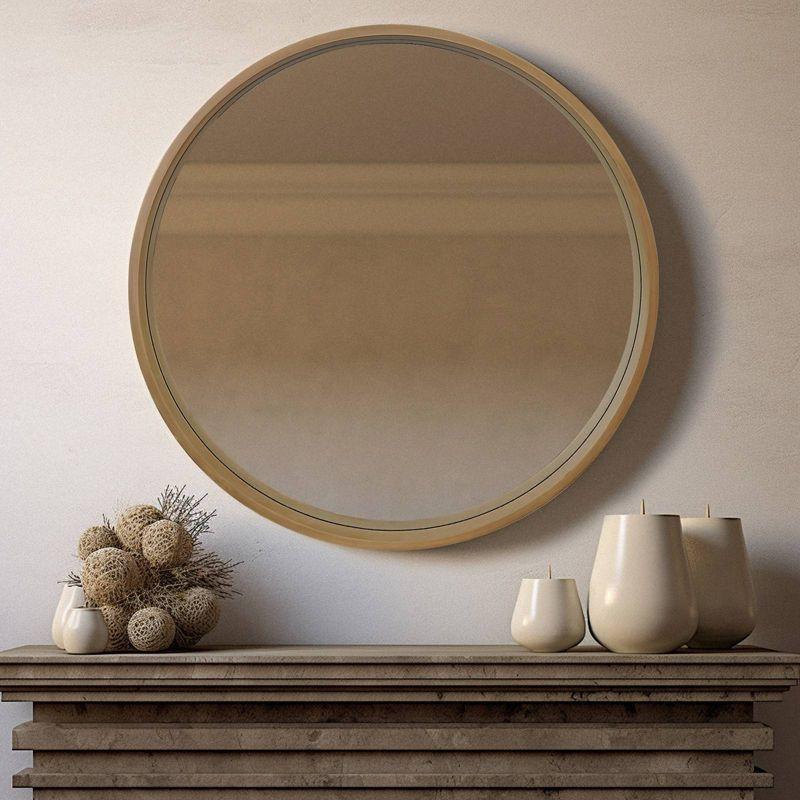 32" Wood Round Mirror Natural - WallBeyond: Pine Frame, Wall Mount, Modern Decor
