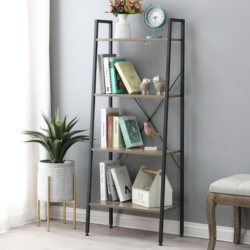 LuxenHome 4-Shelf 58.3" x 23.62" W Wood and Metal Ladder Bookcase. Brown